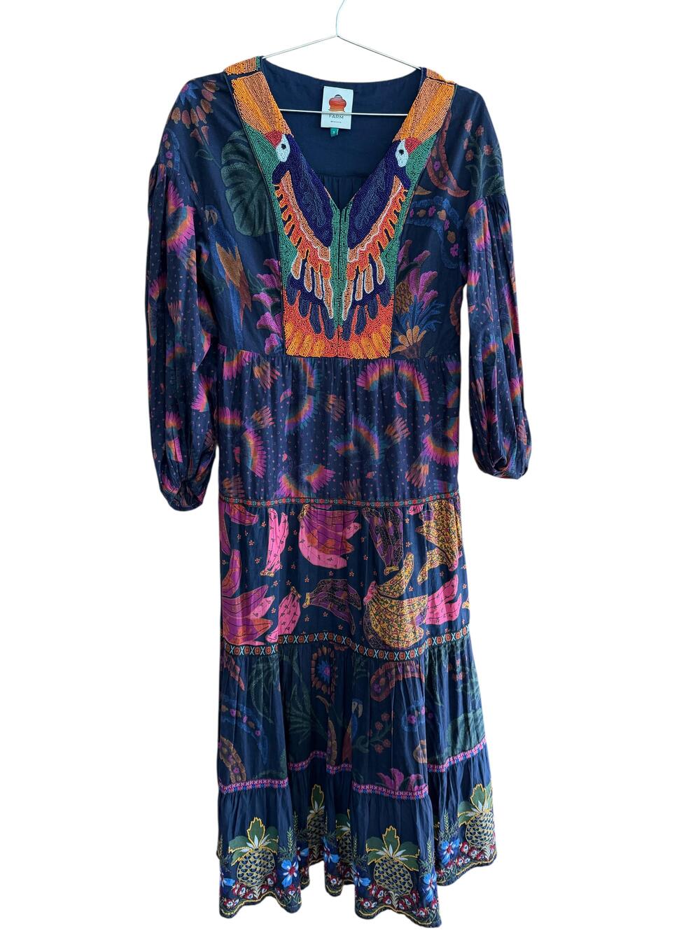 Farm Rio Dress Womens Small Multicolor Parrot Pineapple Beaded Midi Boho Swing